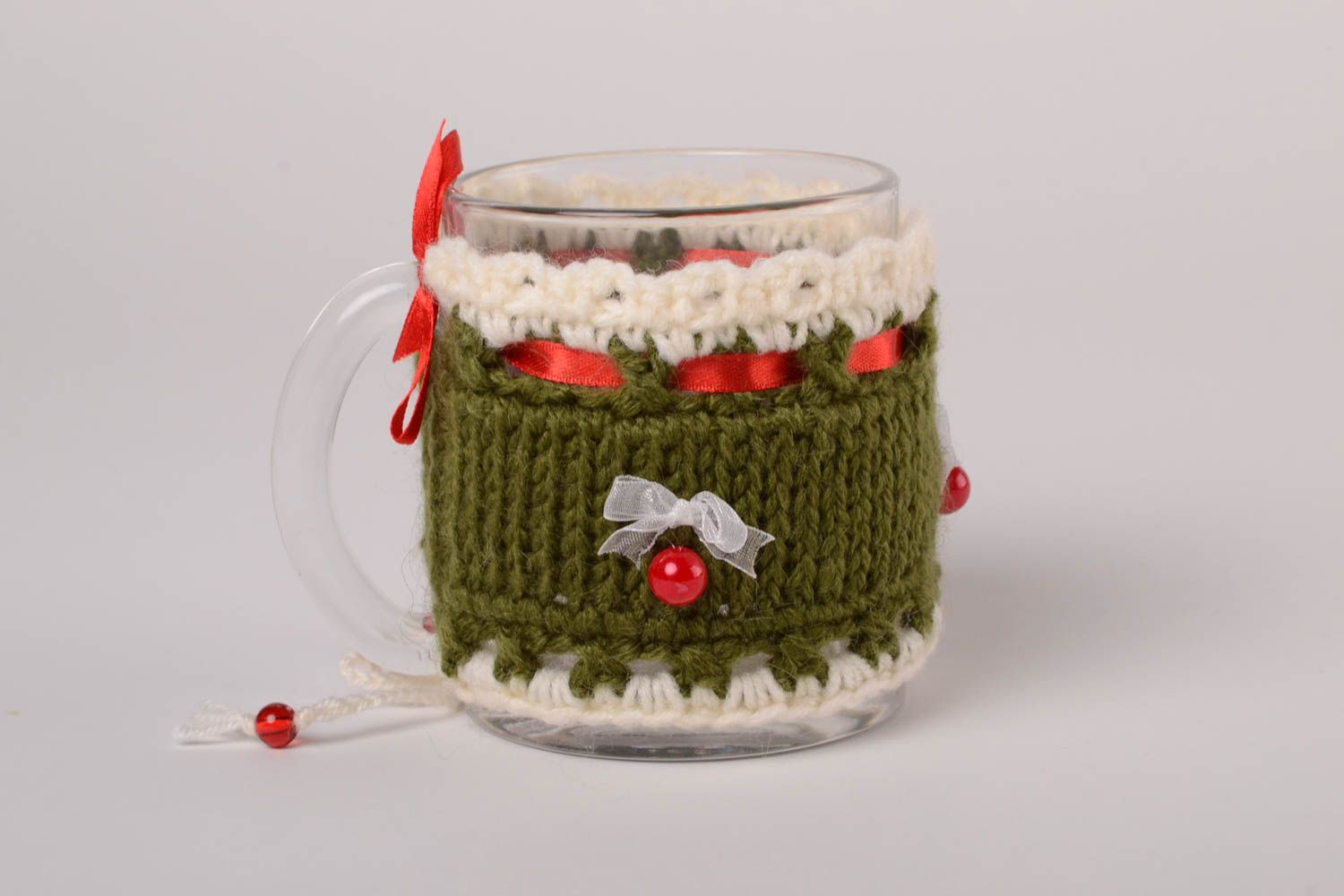 Couvre-tasse fait main Couvre-tasse tricot Pull pour mug laine crochet noeuds photo 1