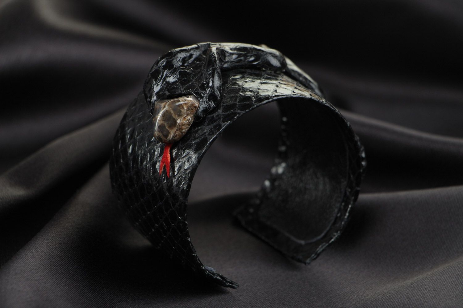 Handmade black snake leather wrist bracelet of adjustable size with jasper  photo 1