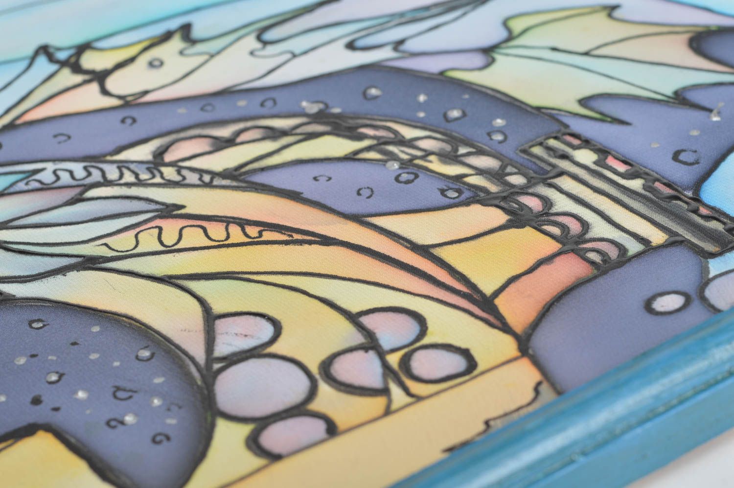 Handgemachtes abstraktes Batik Wandbild aus Naturstoff in blauen Farben  foto 4