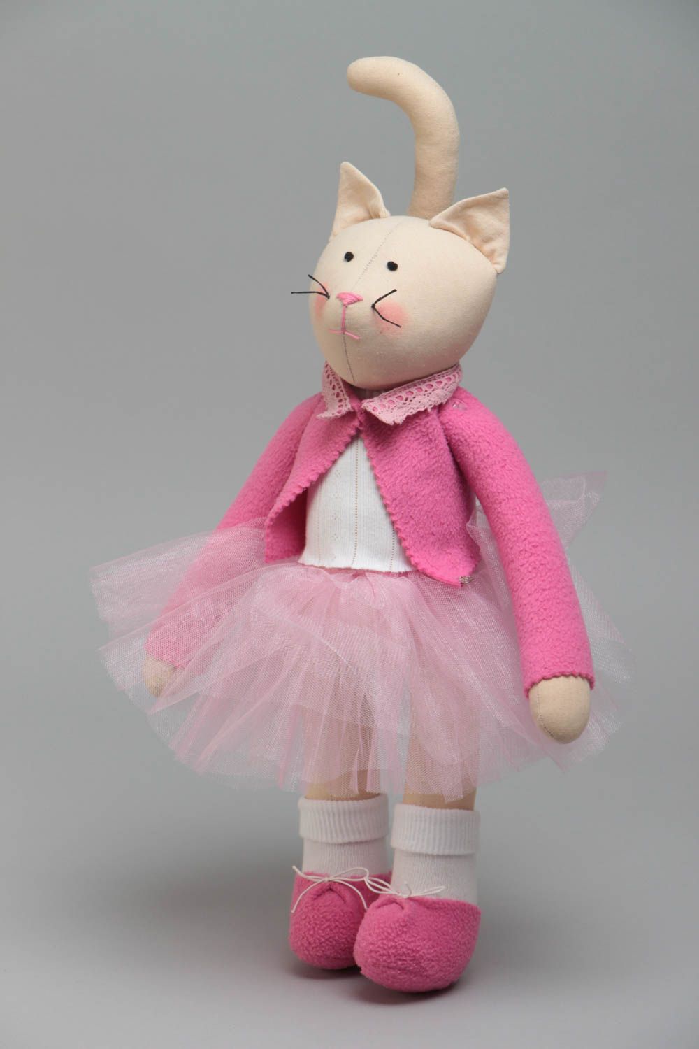 Handmade designer cotton and fleece fabric soft toy cat in pink tutu skirt  photo 2