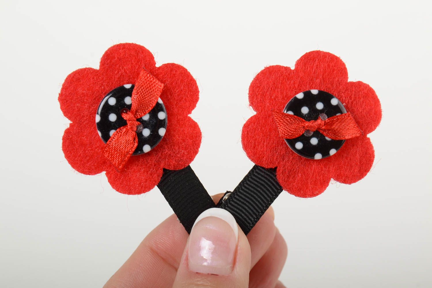 Hairpins with flowers for children set of 2 pieces red and black hand made  photo 5