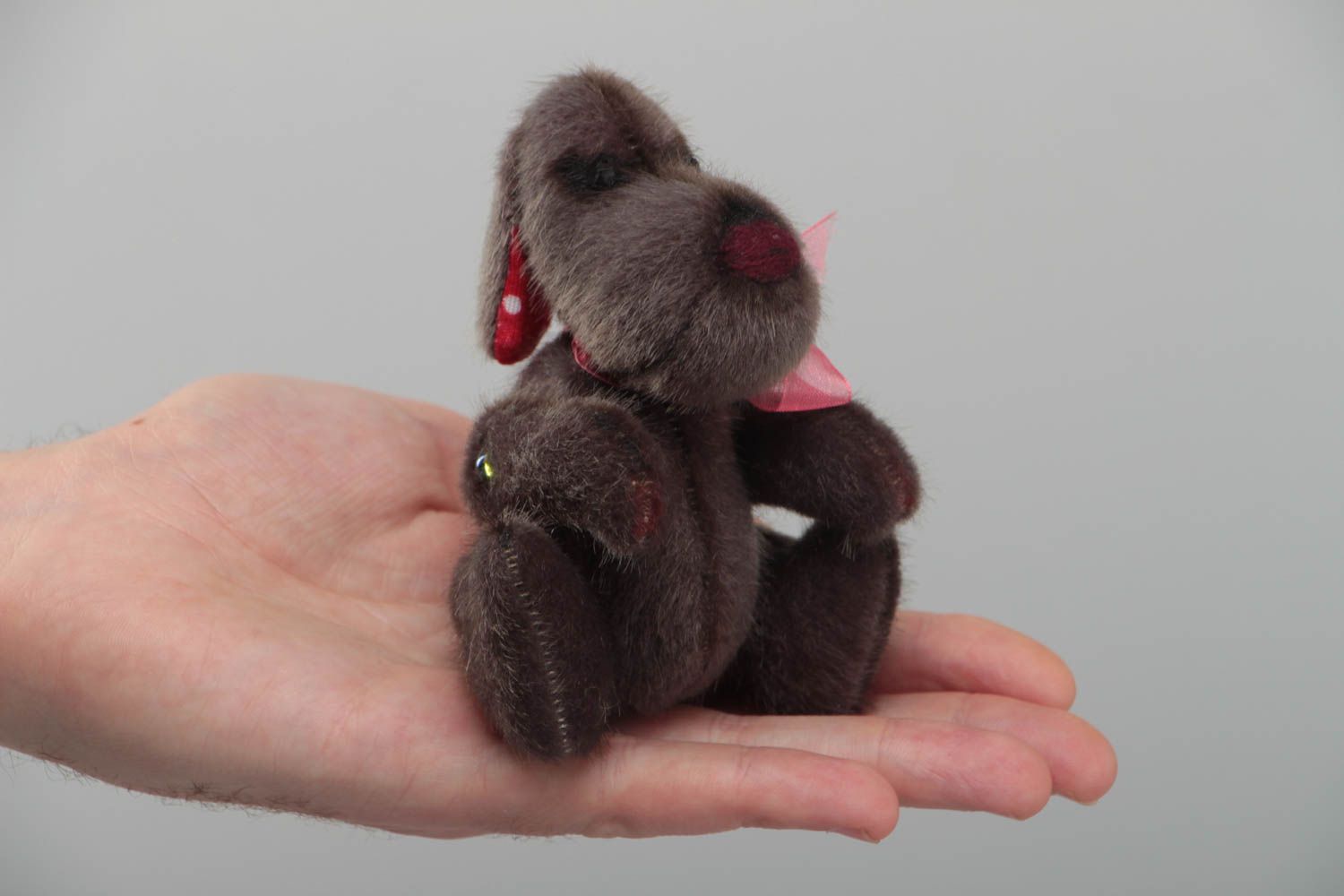 Handmade gray beautiful little soft toy dog made of artificial fur present for baby photo 4
