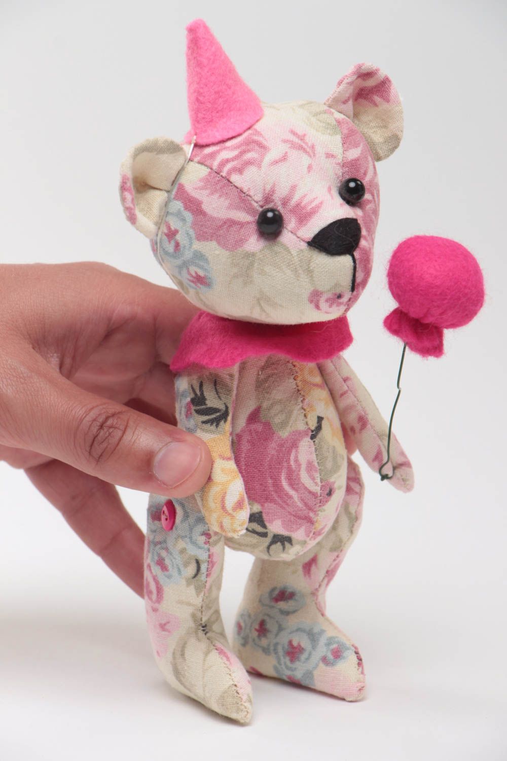 Handmade designer soft toy sewn of linen and felt Bear in pink color palette photo 5