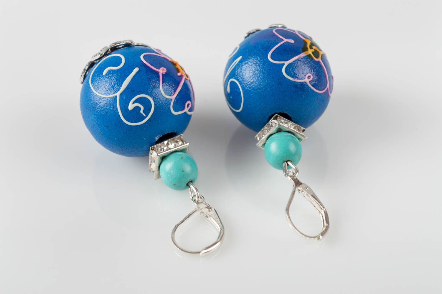 Boucles d'oreilles boules fait main Bijou mode bleues en bois Cadeau femme photo 3