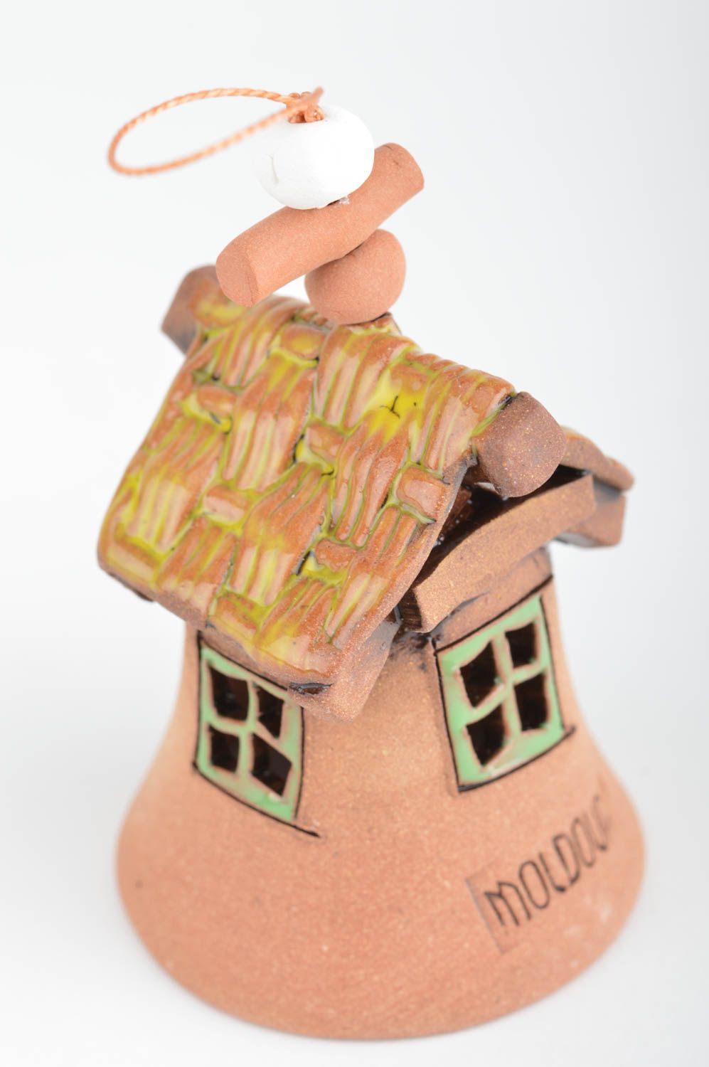 Clay bell in the form of small house unusual cute handmade wall pendant photo 5