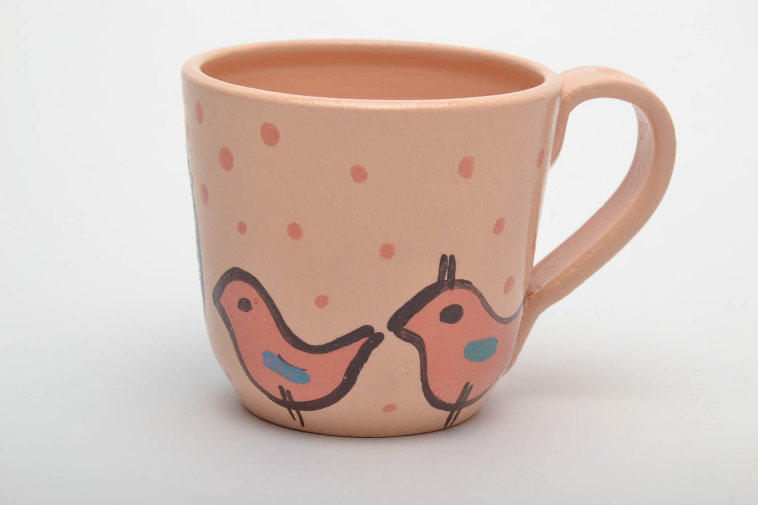 Ceramic cup in peach color with bird pattern. Great gift for a girl. photo 3