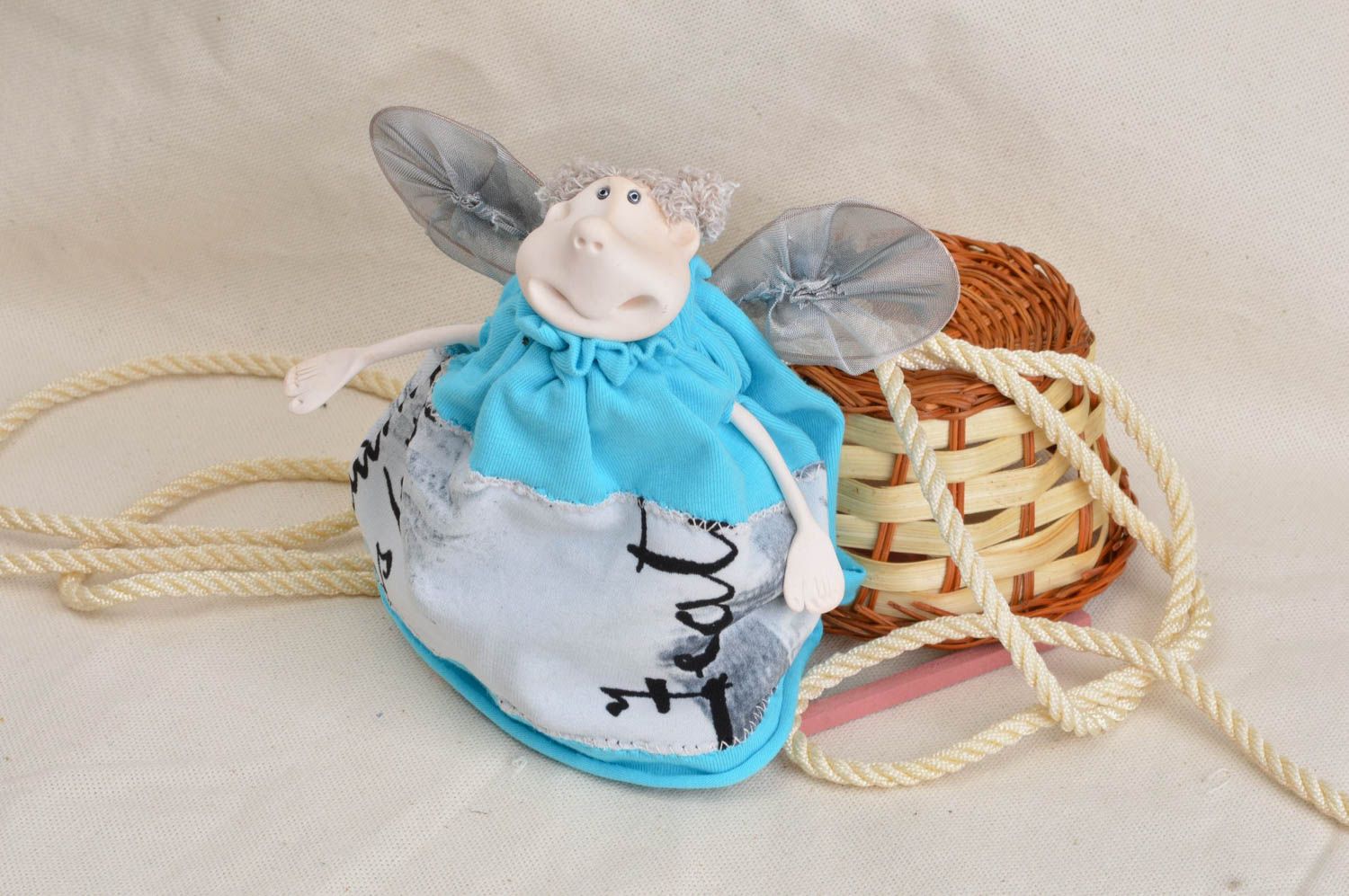 Handmade unusual cute designer decorative toy made of faience and jersey photo 1