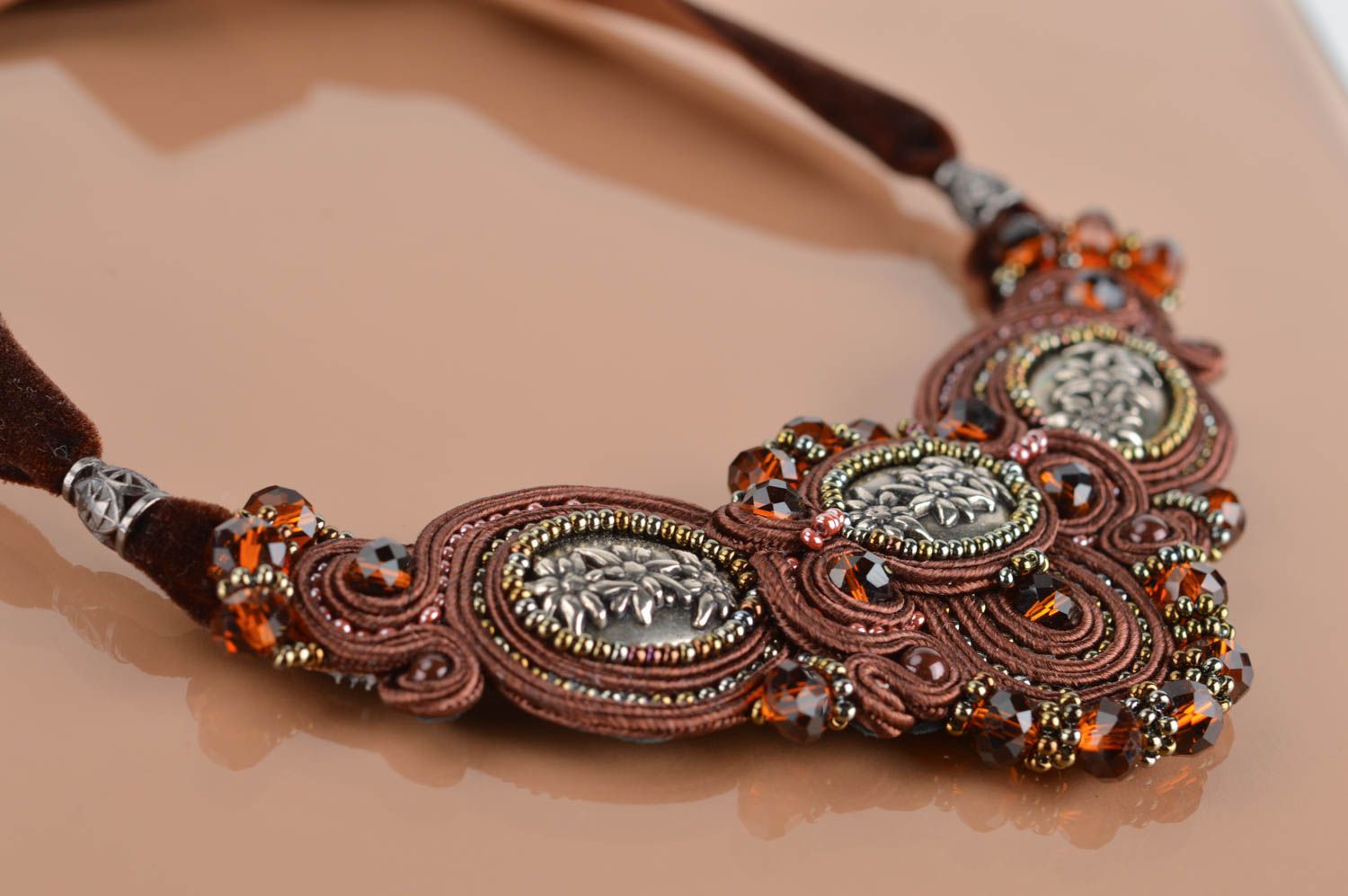 Beautiful women's handmade designer evening soutache necklace with beads photo 5