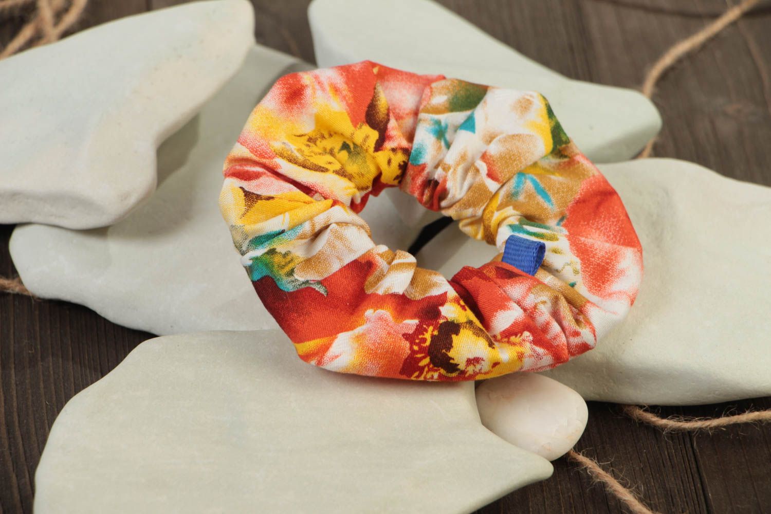Handmade decorative fabric elastic hair band of bright motley summer coloring photo 1