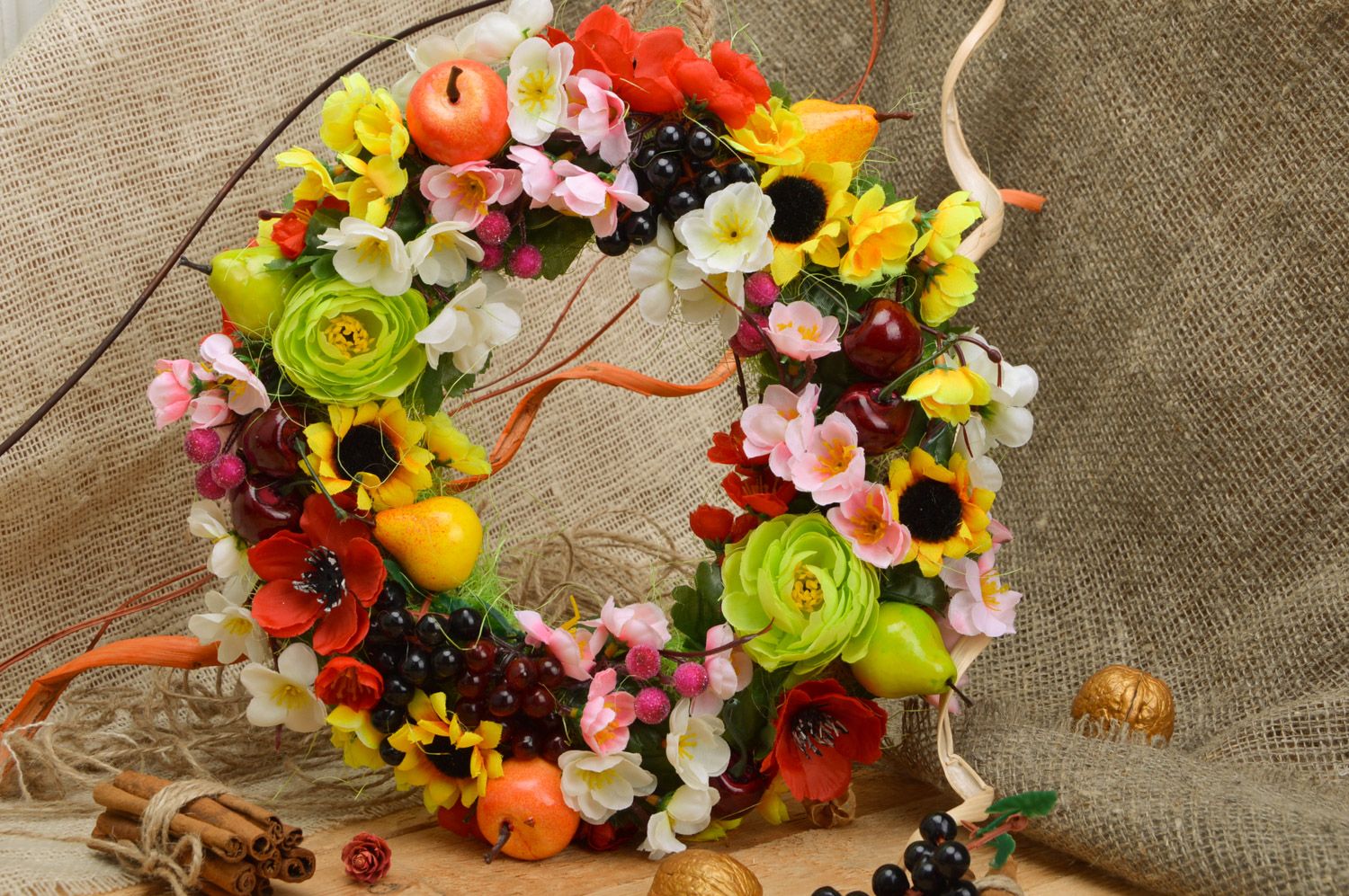Handmade large bright door wreath with artificial flowers and fruits for home decor photo 1