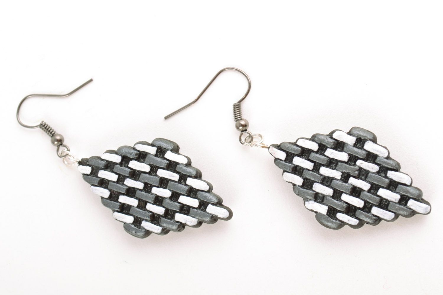 Gray and white unusual handmade clay dangle earrings in the shape of rhombus photo 5