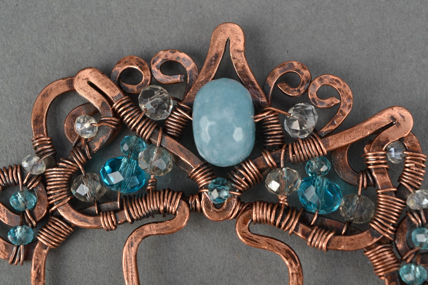 Wire wrap copper hair comb with stones photo 3