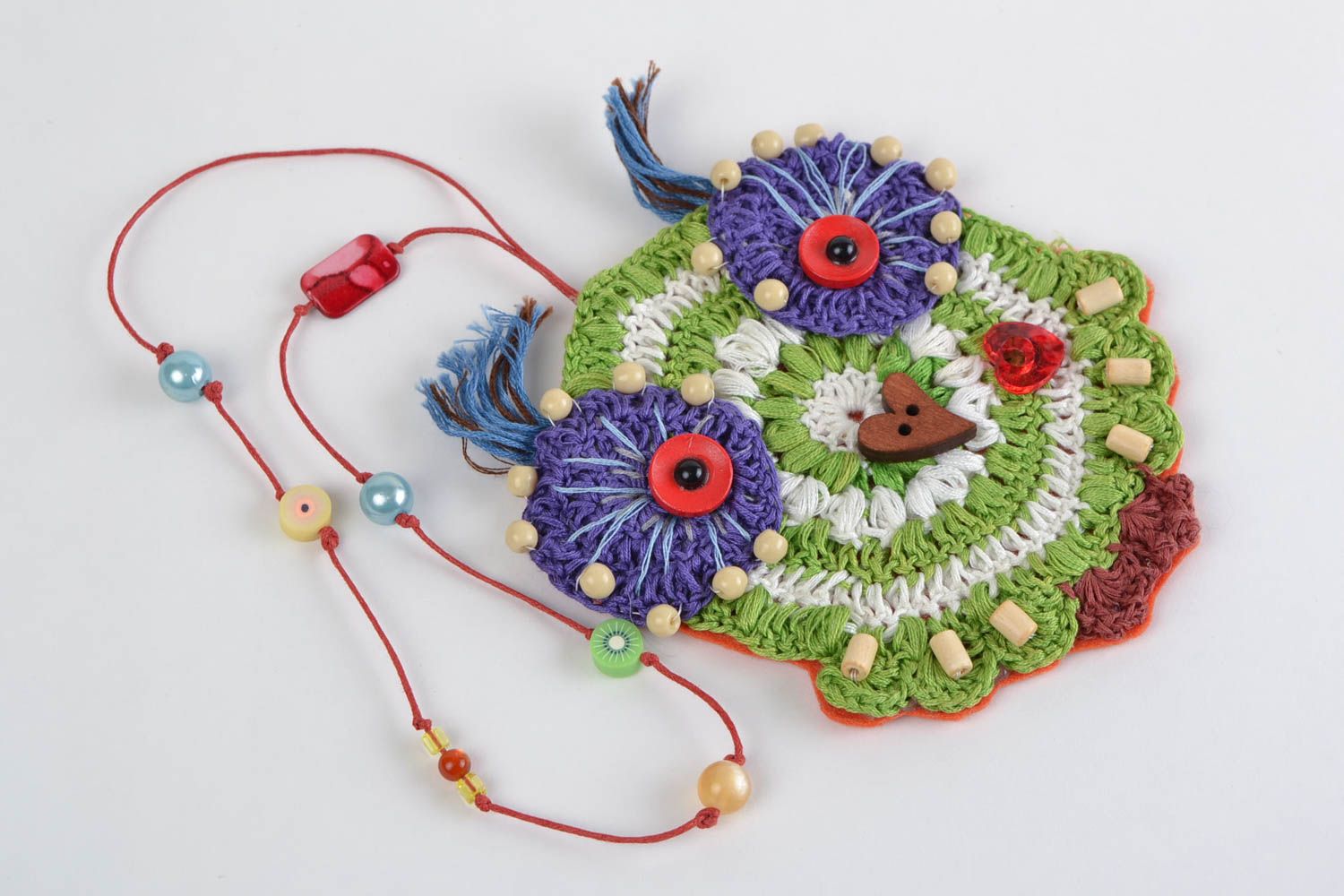 Bright unusual handmade crochet interior wall hanging with cord Owl photo 1