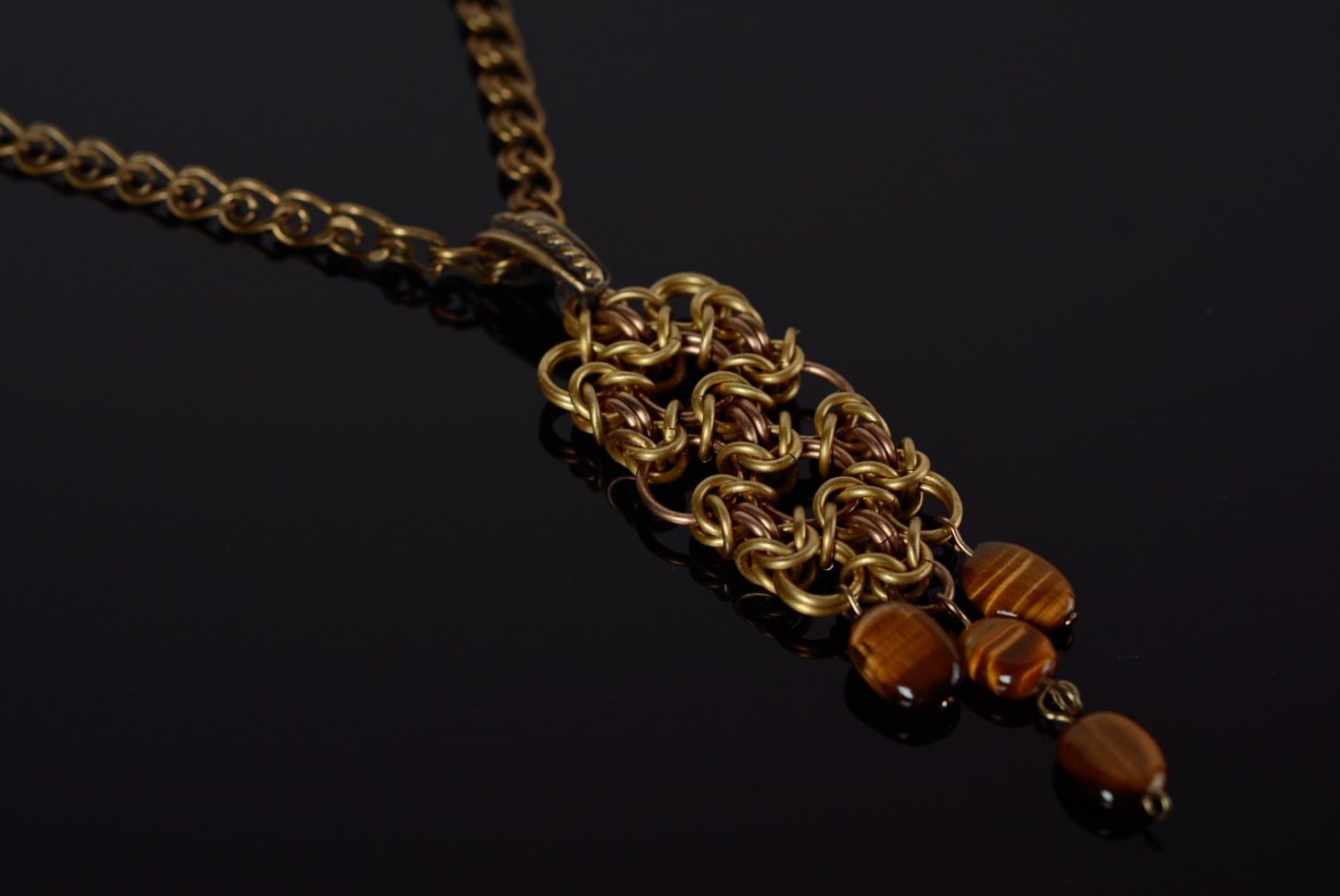 Handmade chainmaille woven metal pendant on chain with tiger's eye stone photo 1