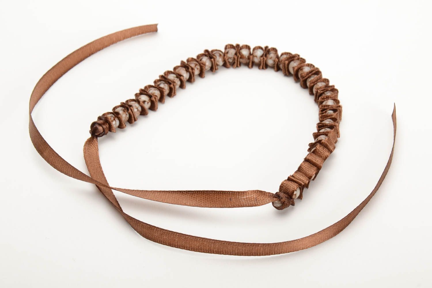 Brown handmade wrist bracelet woven of satin ribbon and glass beads Chocolate photo 3