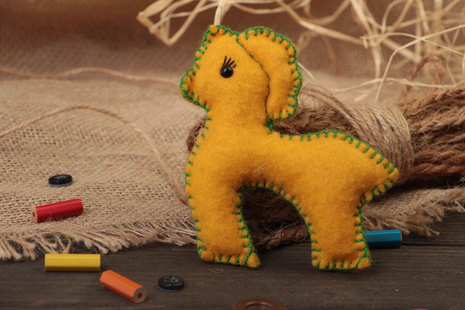 Yellow horse toy made of felt soft handmade unusual designer present for child photo 1