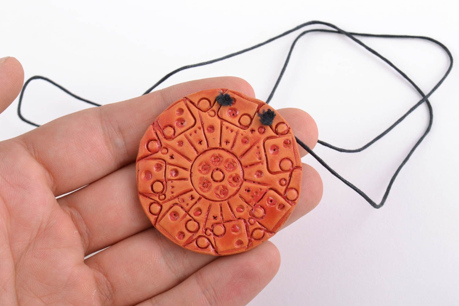 Handmade red clay round stylish beautiful pendant on long cord in ethnic style photo 2