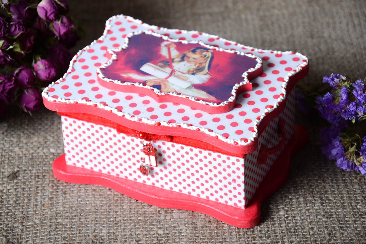 Boîte à bijoux fait main Boîte en bois rouge blanc vintage Déco maison photo 1