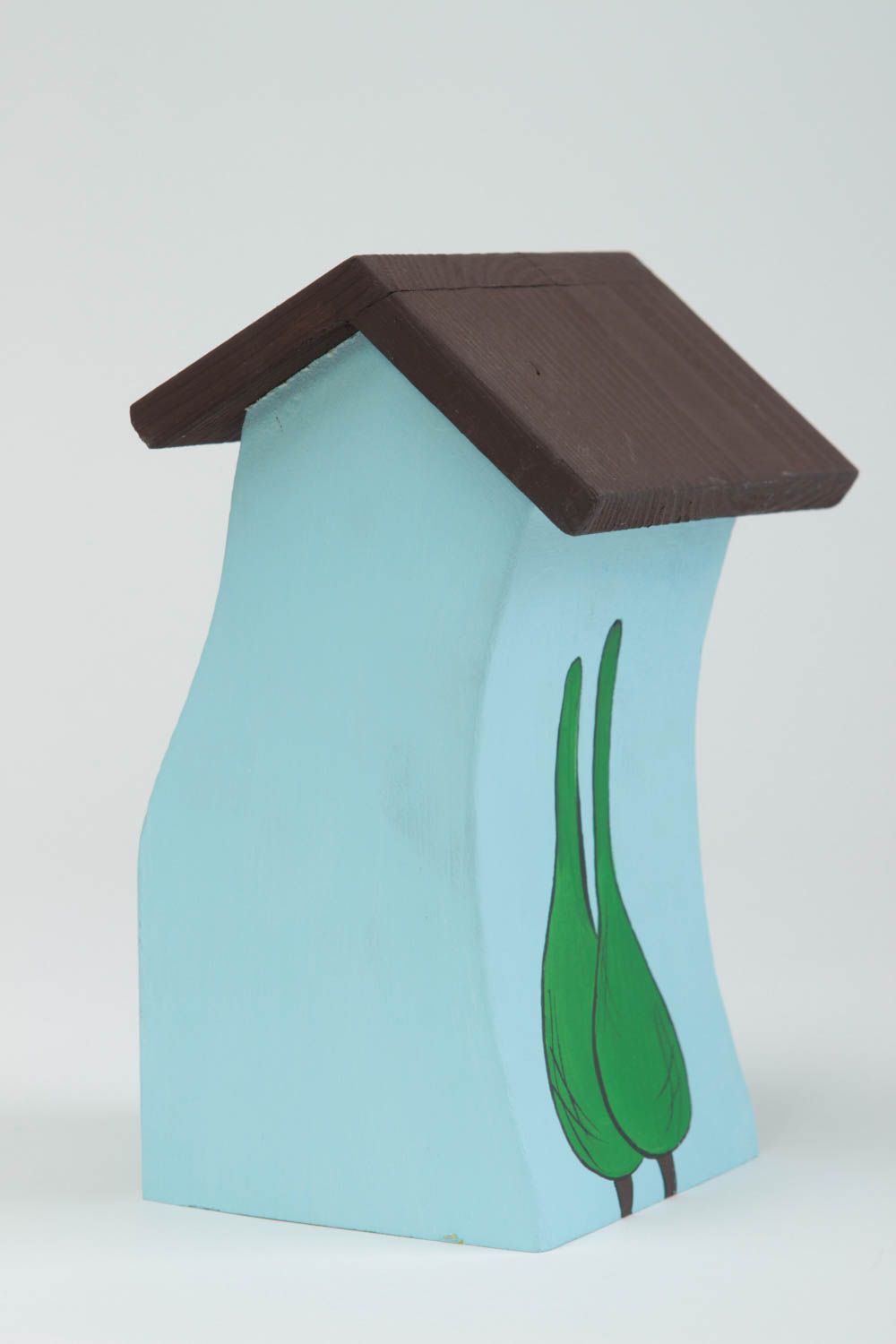 Maisonnette en bois fait main Petite statuette peinte bleu clair Déco intérieur photo 3