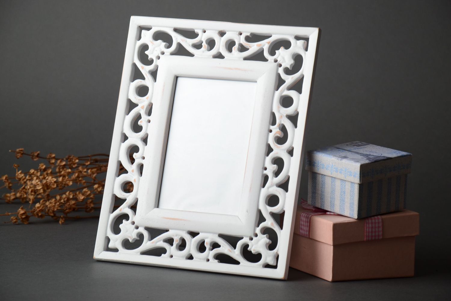 Handmade white wooden photo frame with carving  photo 1