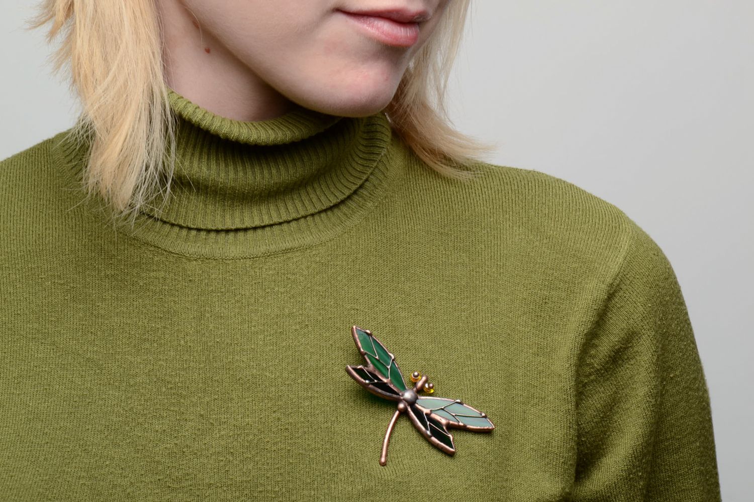 Stained glass brooch in the shape of dark green dragonfly photo 5