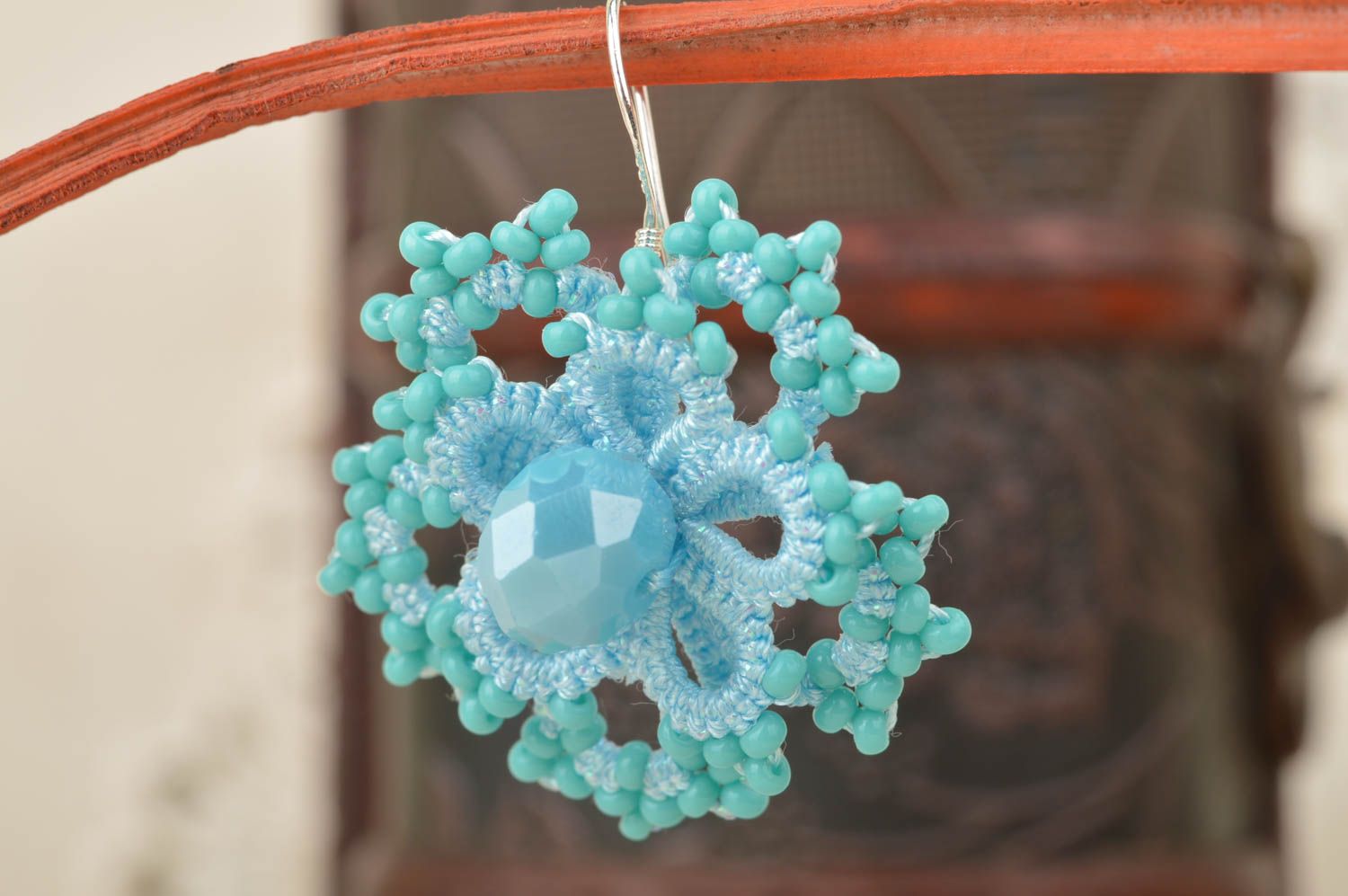 Beautiful unusual handmade tatting lace earrings with Czech beads Snowflakes photo 3
