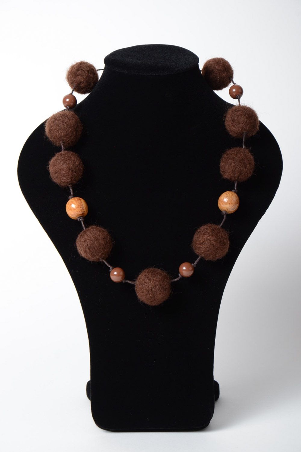 Brown handmade designer wool ball necklace created using needle felting technique photo 5