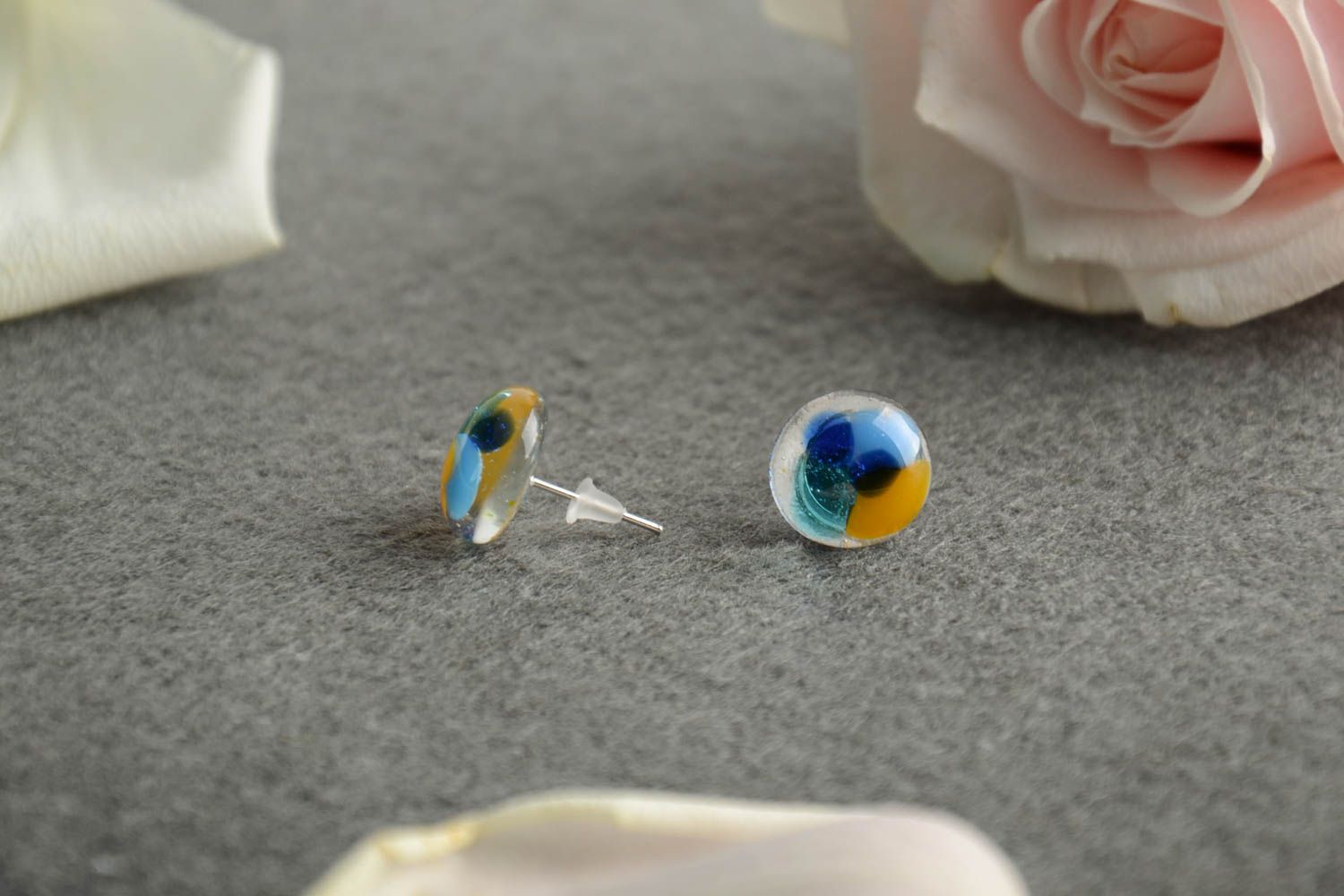 Small stud earrings round-shaped colored blue with yellow glass handmade jewelry photo 2