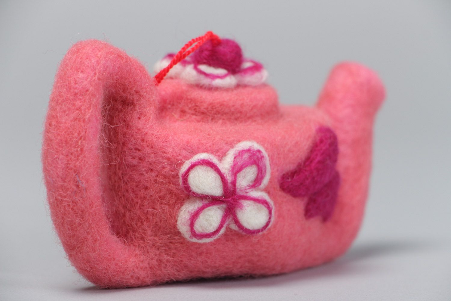 Handmade designer felted wool interior pendant toy teapot of pink color photo 3