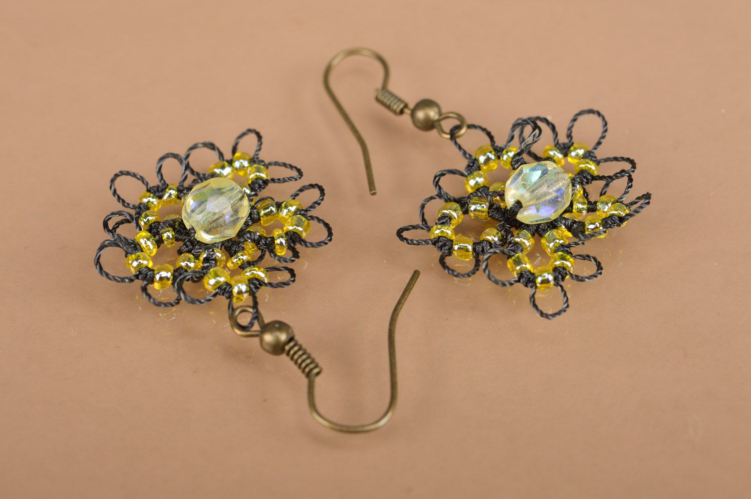 Handmade lacy earrings woven of satin threads and beads black and yellow photo 4