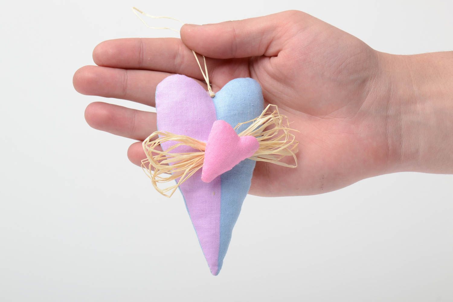 Интерьерная подвеска сердце из ситца ручной работы розово-голубое с соломой фото 5