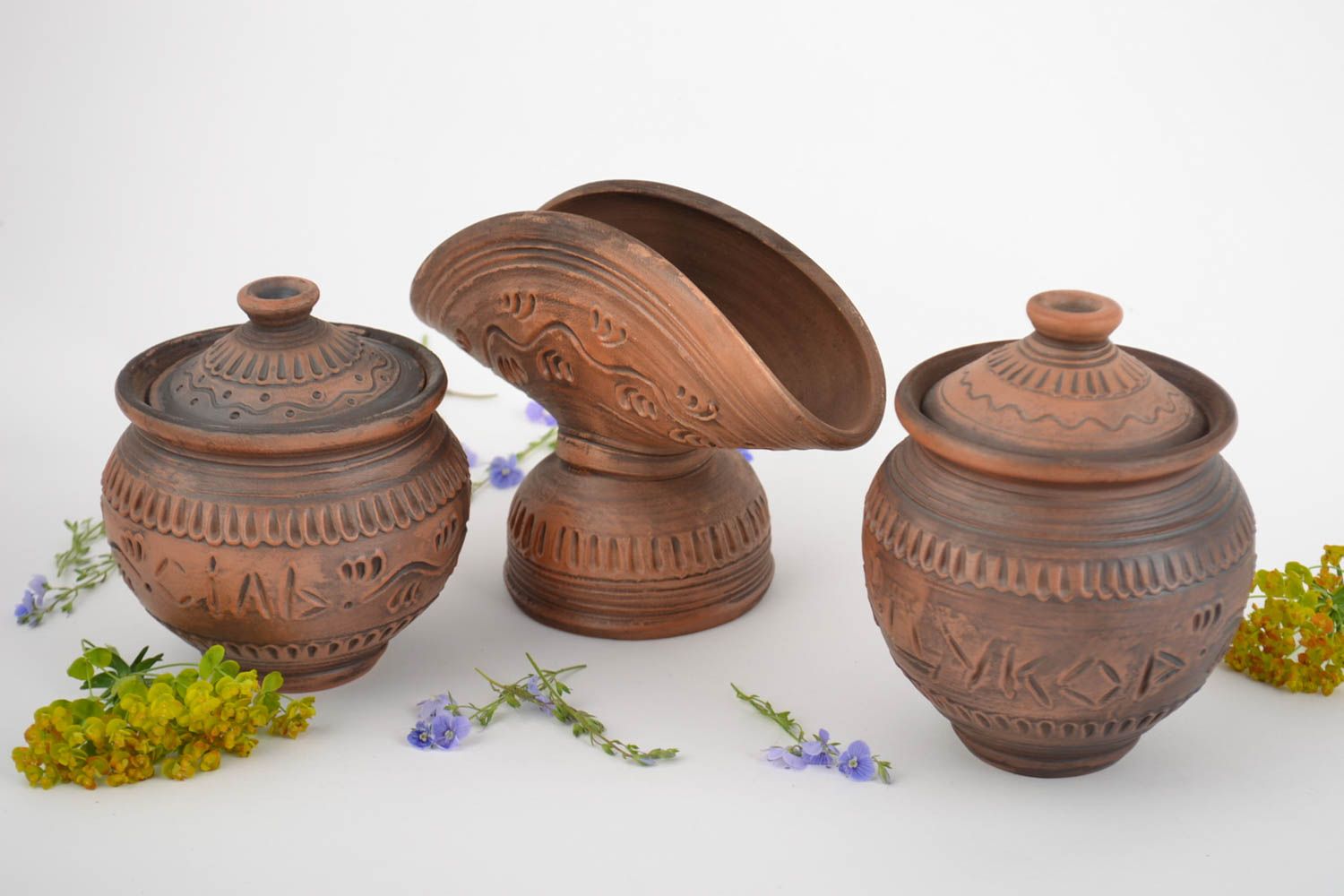 Set of handmade pottery napkin holder sugar bowl and salt shaker 3 pieces photo 1