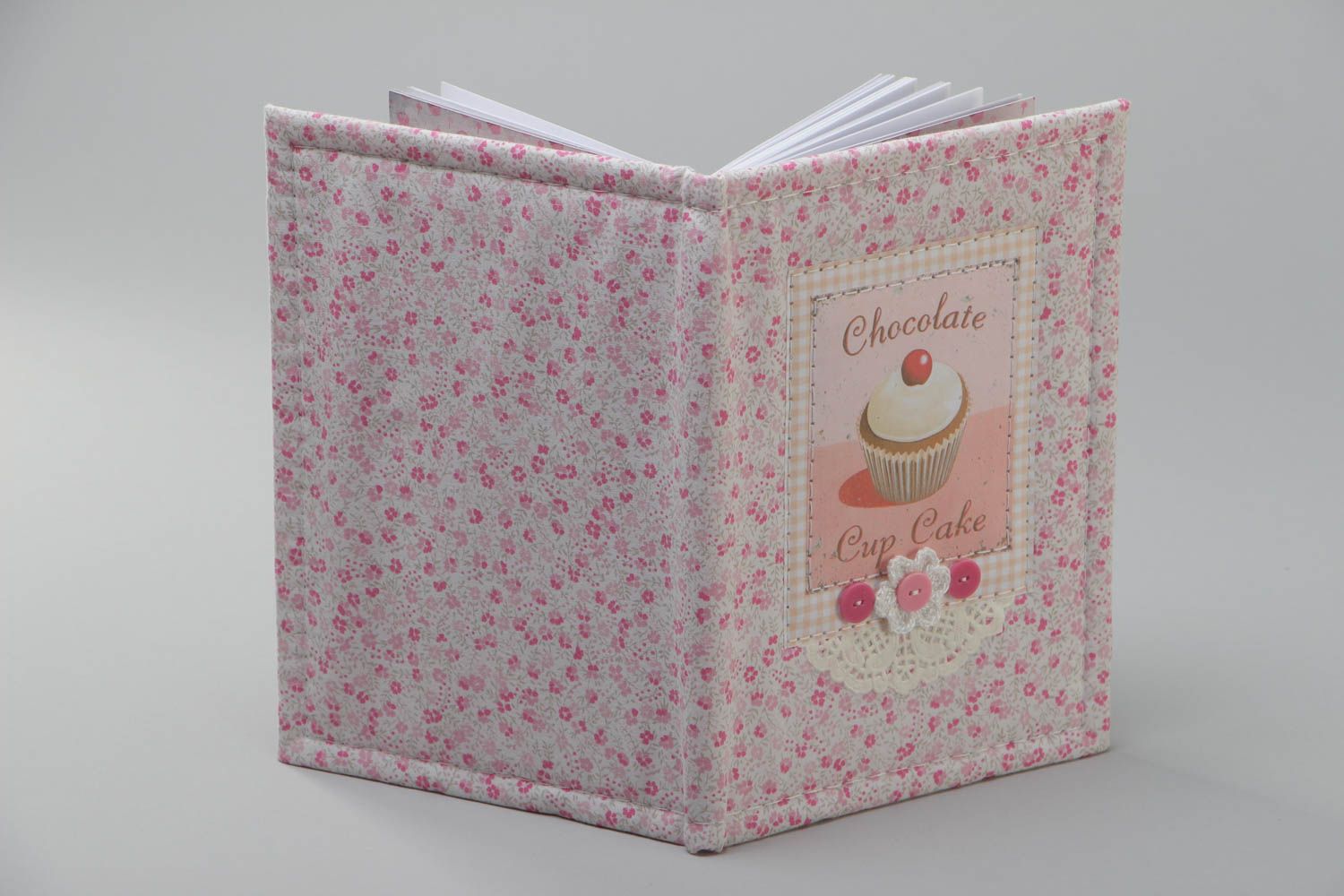 Carnet couverture en tissu de coton fait main rose avec gâteau pour fille photo 4