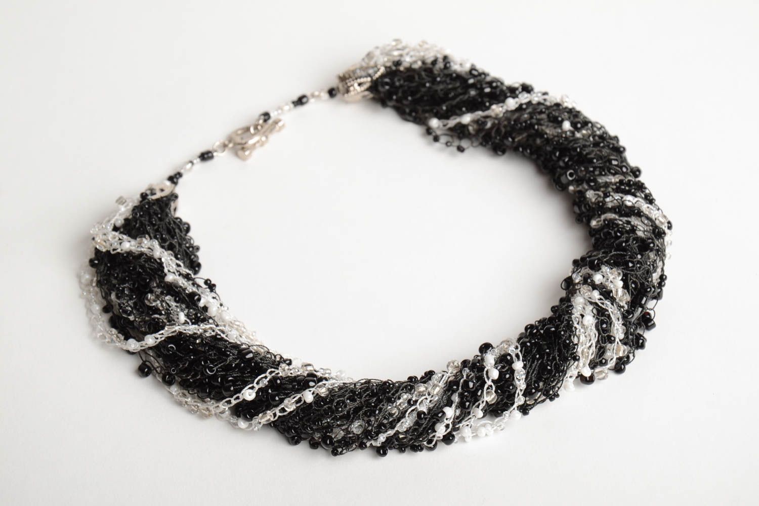 Handmade volume necklace crocheted of Czech beads in black and white colors photo 3