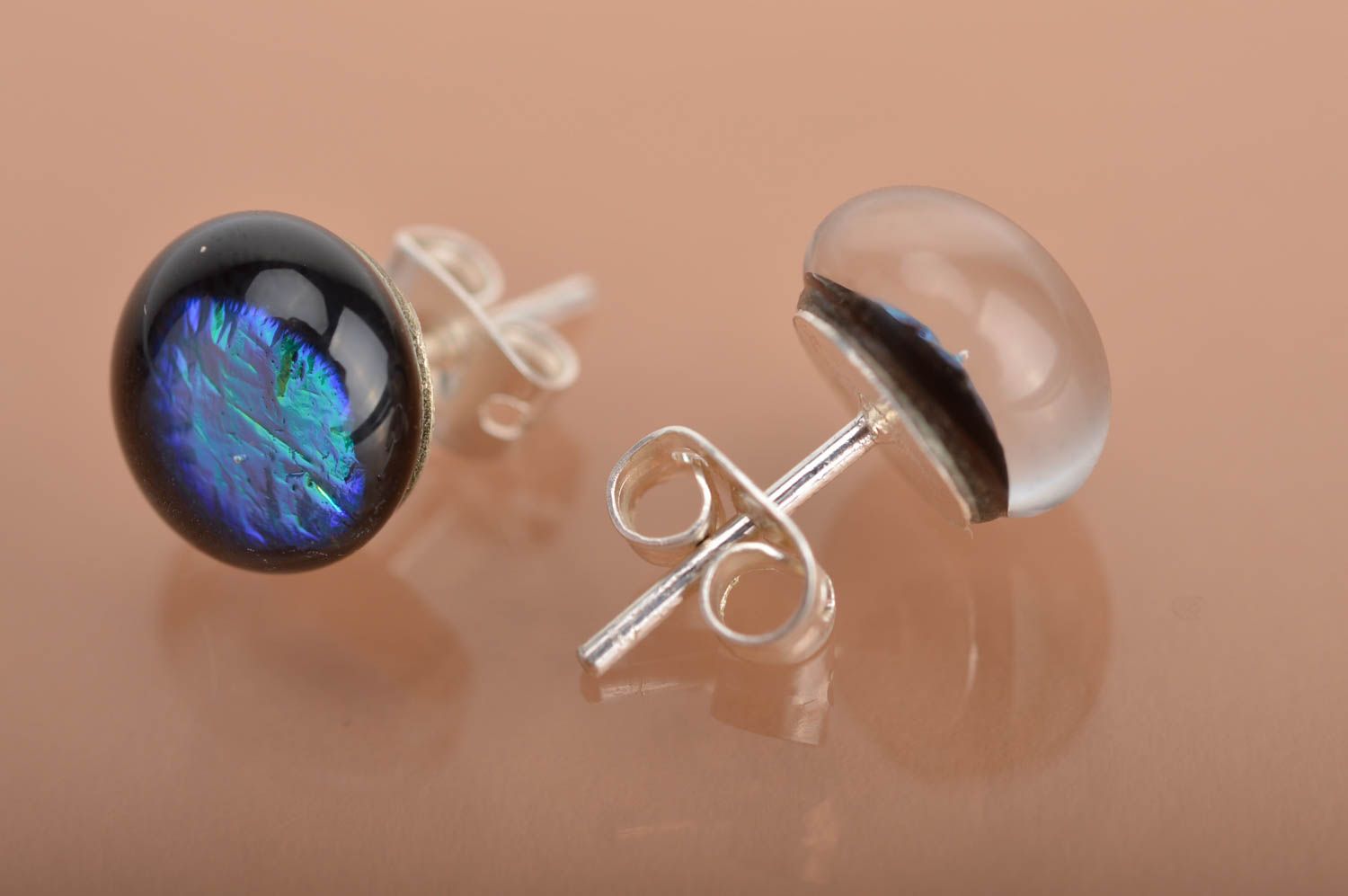 Unusual beautiful handmade designer round stud earrings with dichroic glass photo 3