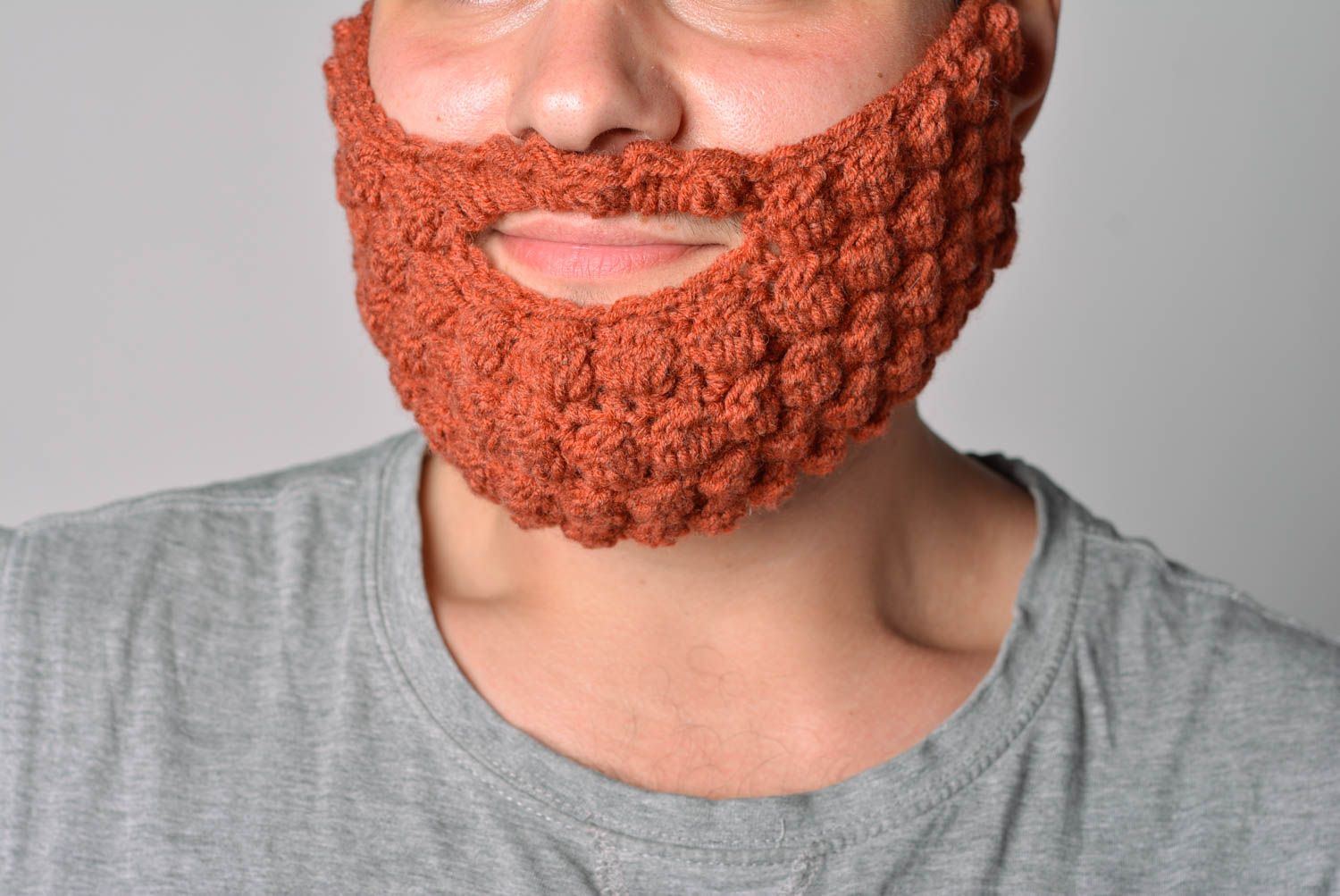 Unusual handmade crochet wool mask beard of brown color funny gift for men photo 1