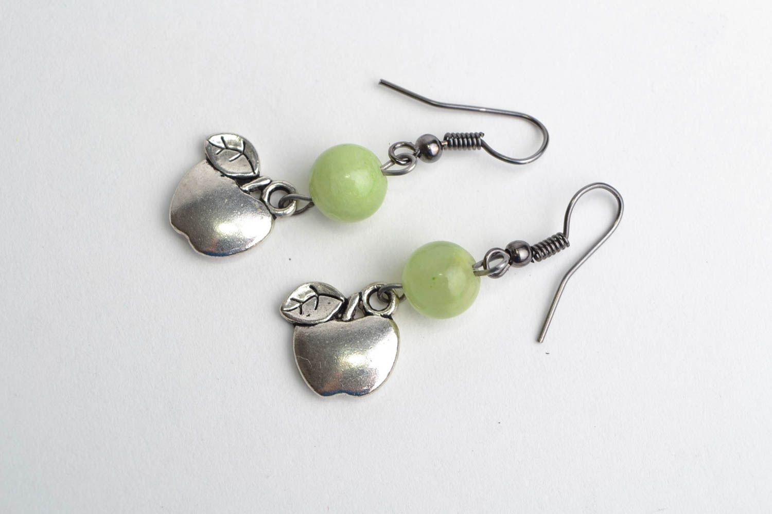 Handmade designer dangling earrings with natural agate and metal charms Apples photo 1