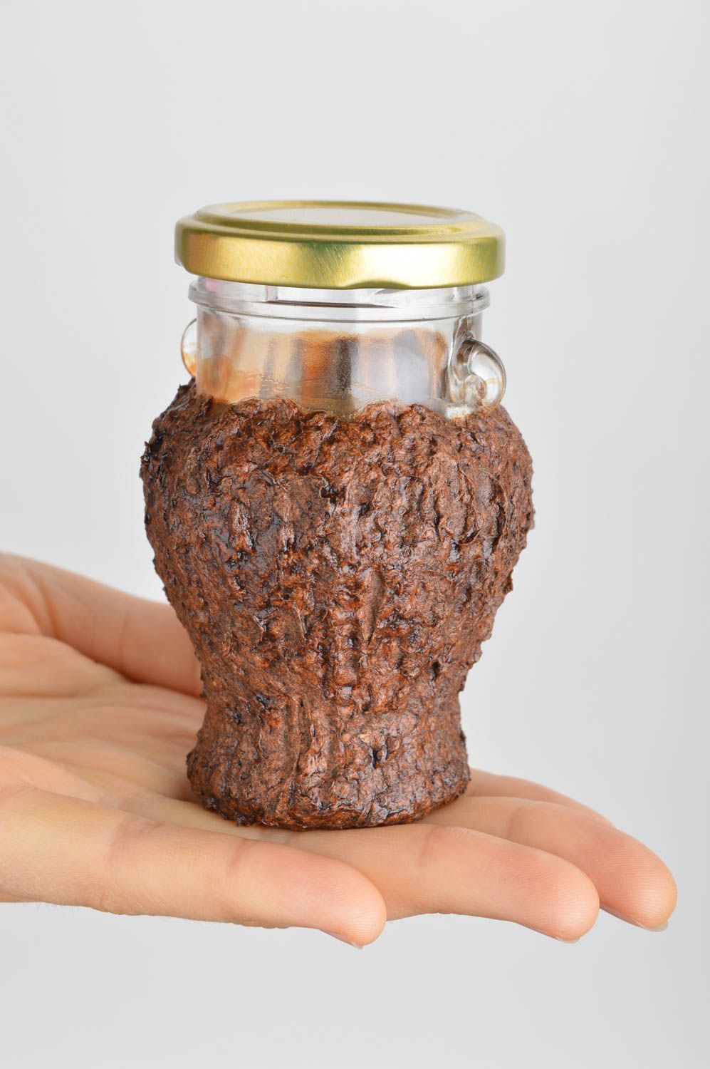 3,5 inches tall glass 4 oz jar with lid covered with brown cellulose cover layer 0,27 lb photo 3