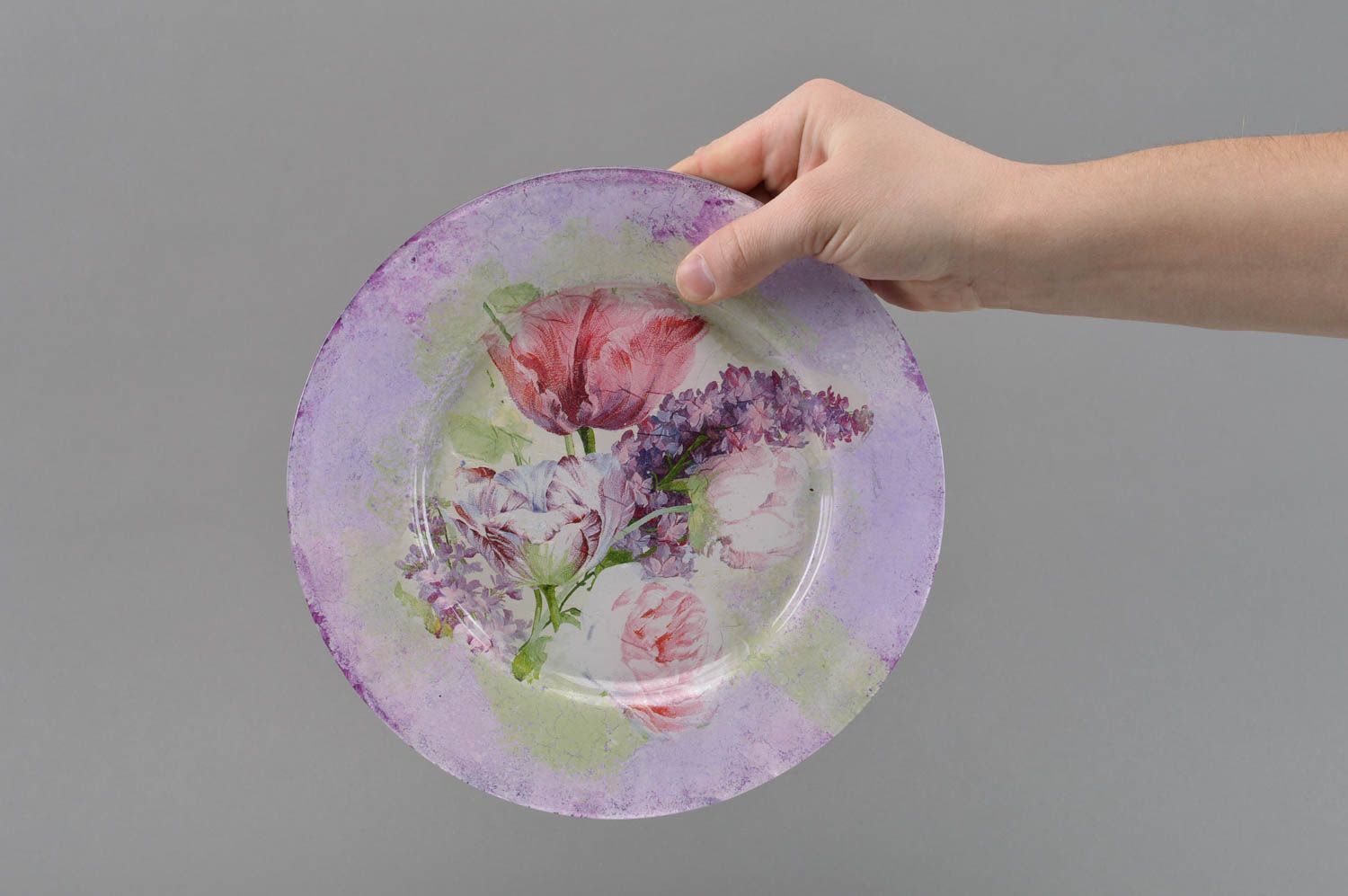 Стеклянная тарелка в технике декупаж ручной работы для декора дома винтажная фото 4