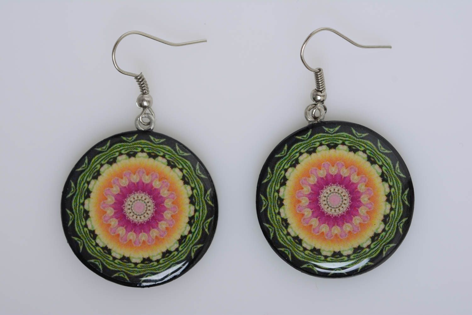 Handmade colorful patterned polymer clay round dangling earrings with decoupage  photo 5