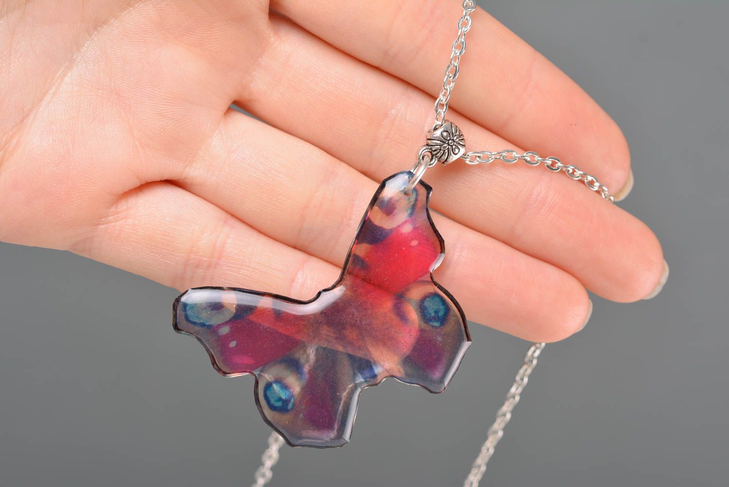 Beautiful gentle handmade designer epoxy pendant with metal chain Butterfly photo 1