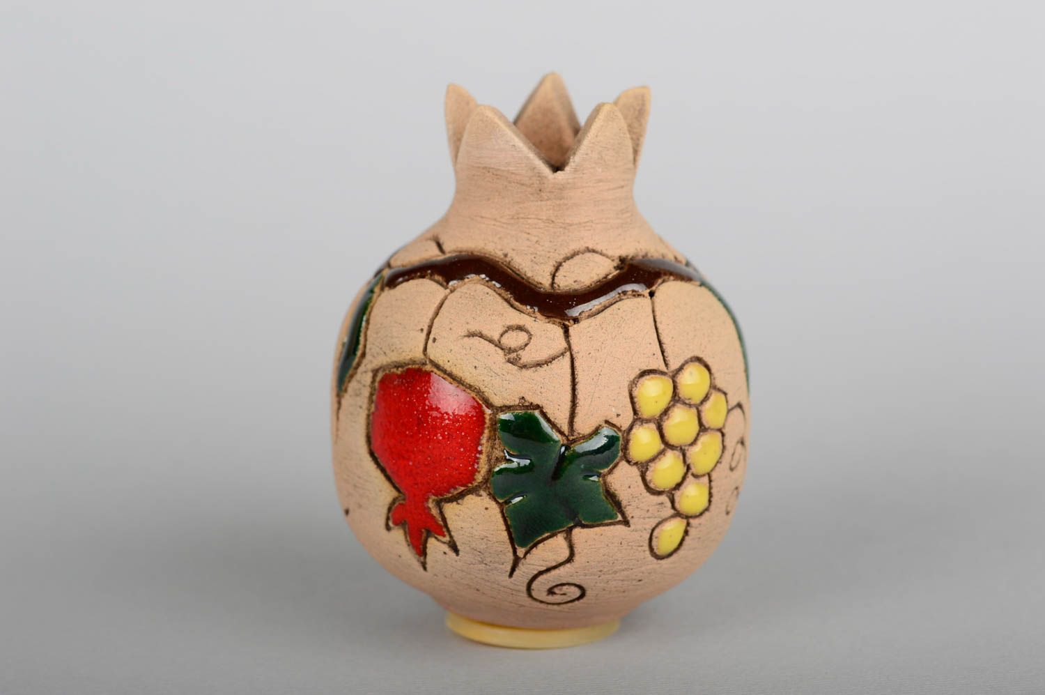 3 inches tall ceramic handmade vase in the shape of pomegranate with pattern 0,13 lb photo 1