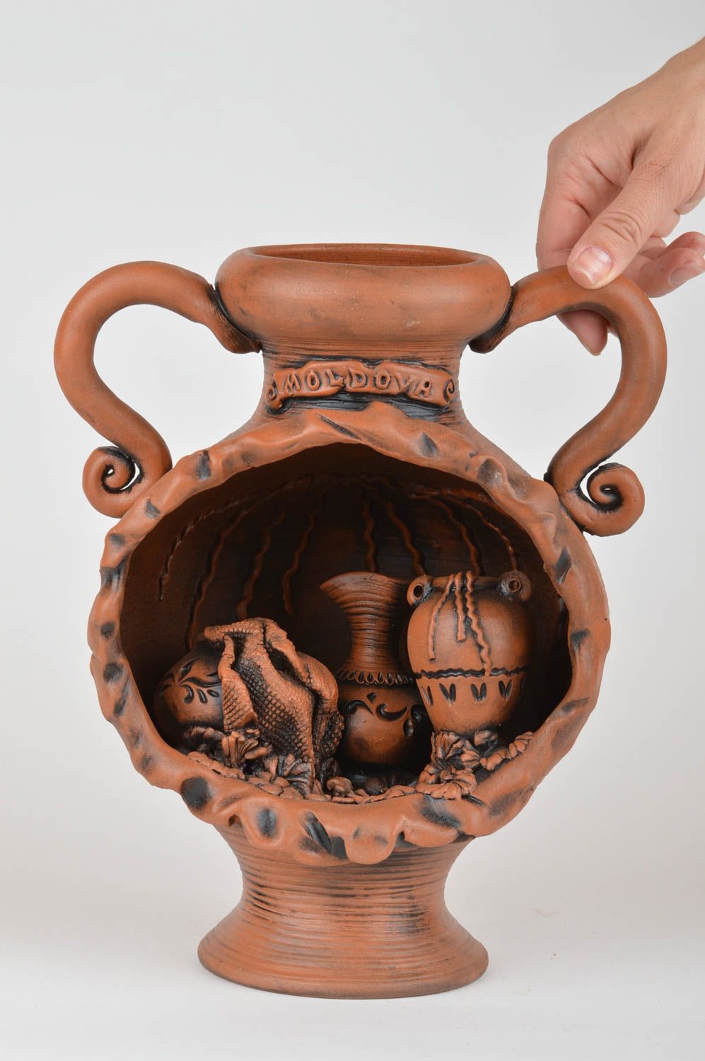 Handgemachte schöne originelle Deko Vase aus Ton ungewöhnlich für Haus Dekor foto 3