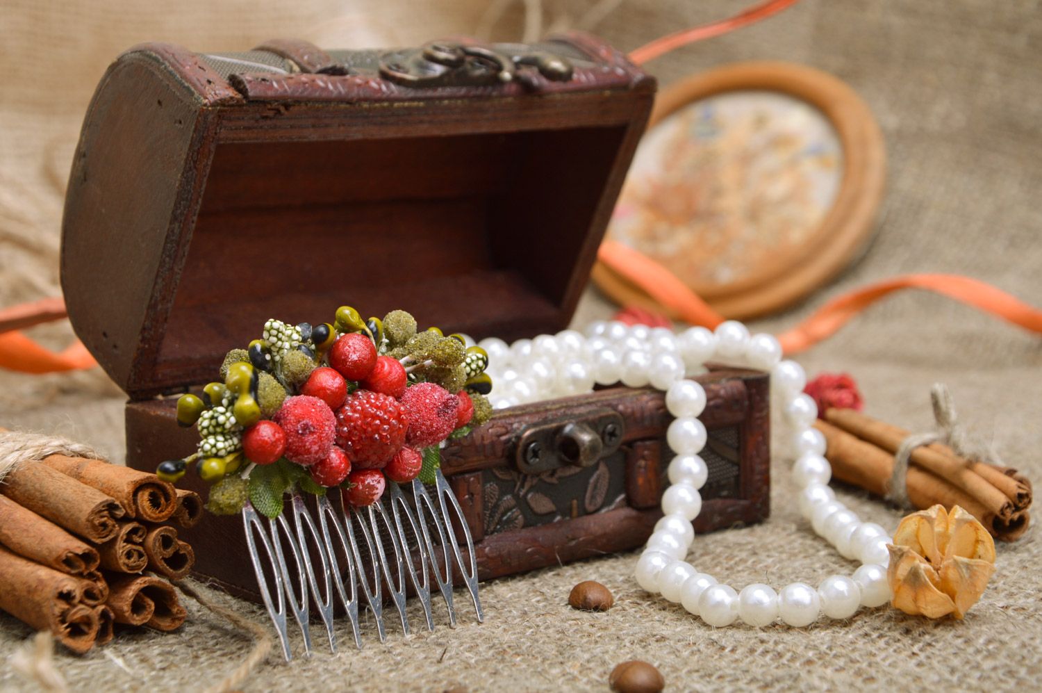 Unusual stylish handmade hair comb with berries of red and green colors photo 1