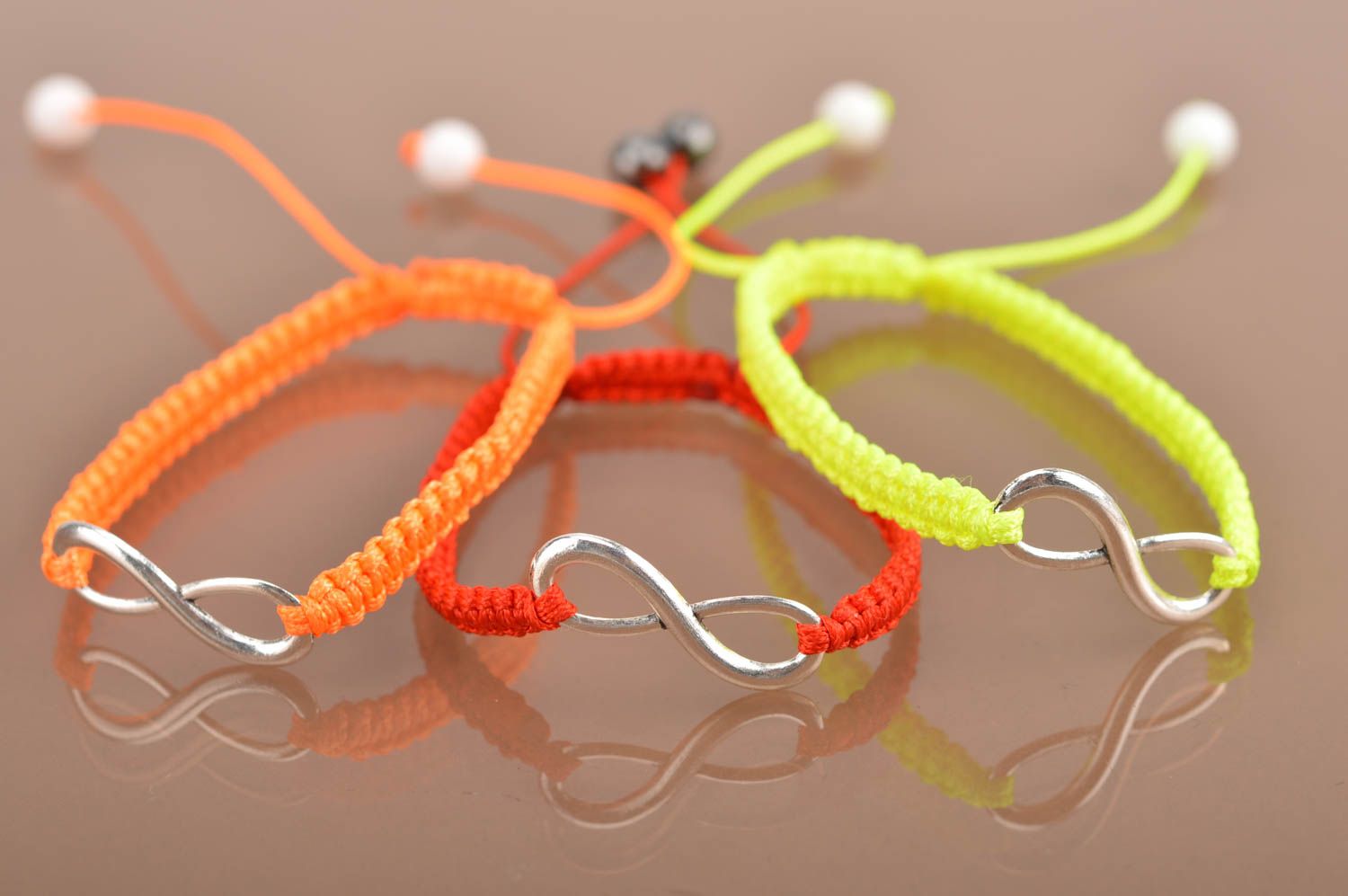 Set of 3 handmade designer thin wrist bracelets woven of silk threads with decor photo 2