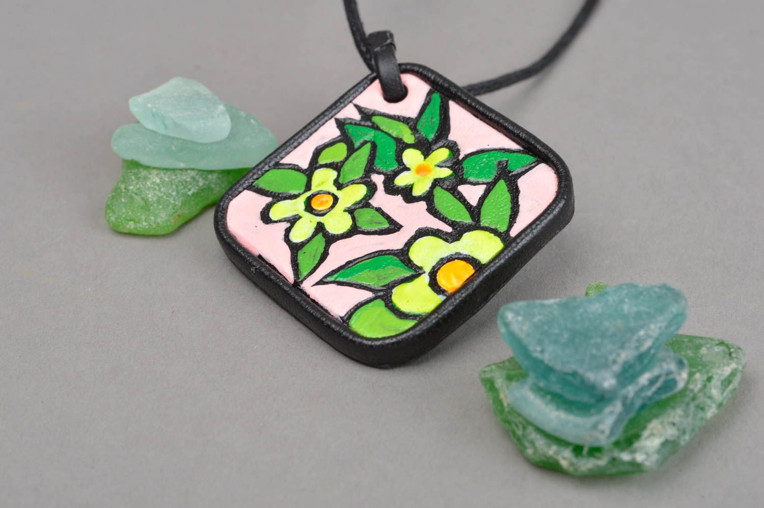 Unusual handmade leather pendant painted pendant leather goods gifts for her photo 1