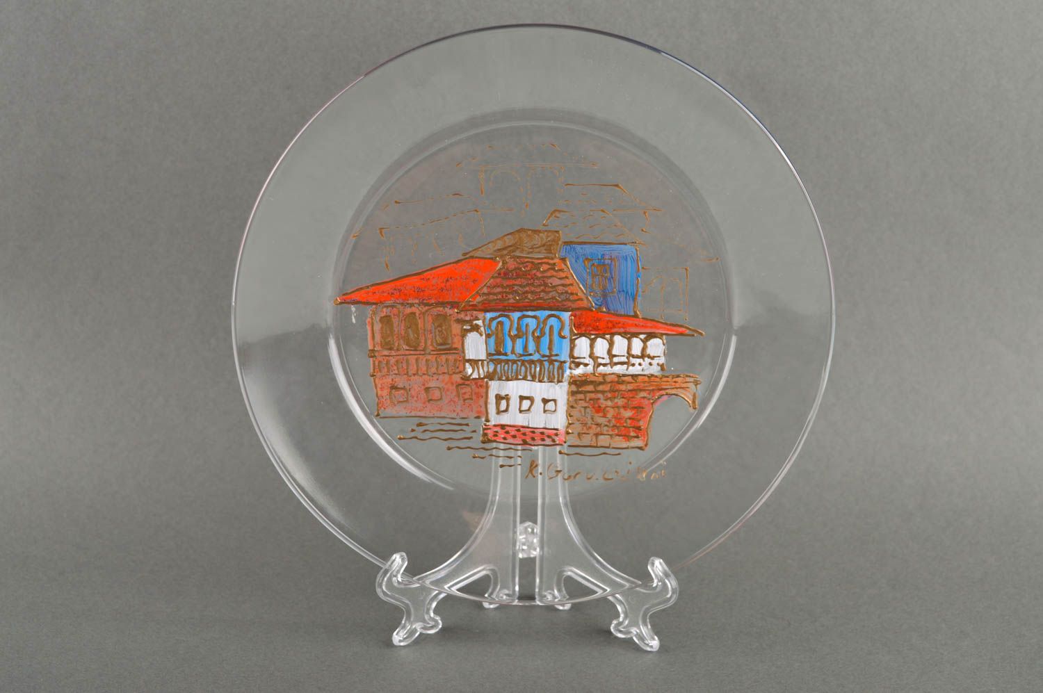 Assiette décorative en verre faite main avec maison peinte Déco originale photo 2