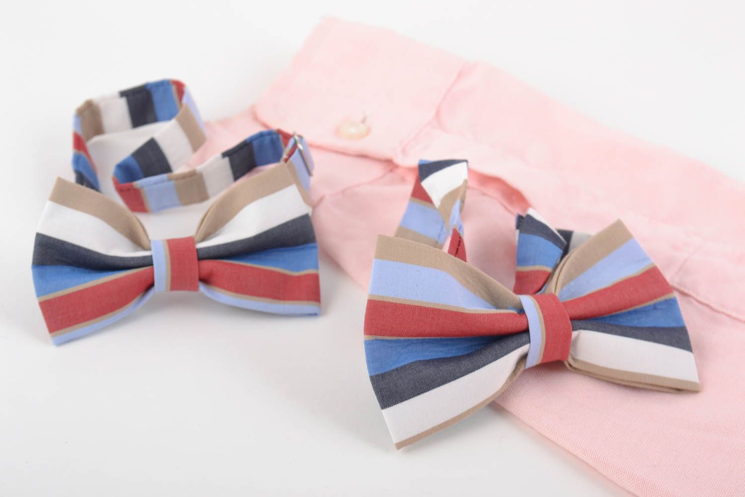 Комплект галстуков бабочек из ткани для папы и сына ручной работы полосатые фото 1