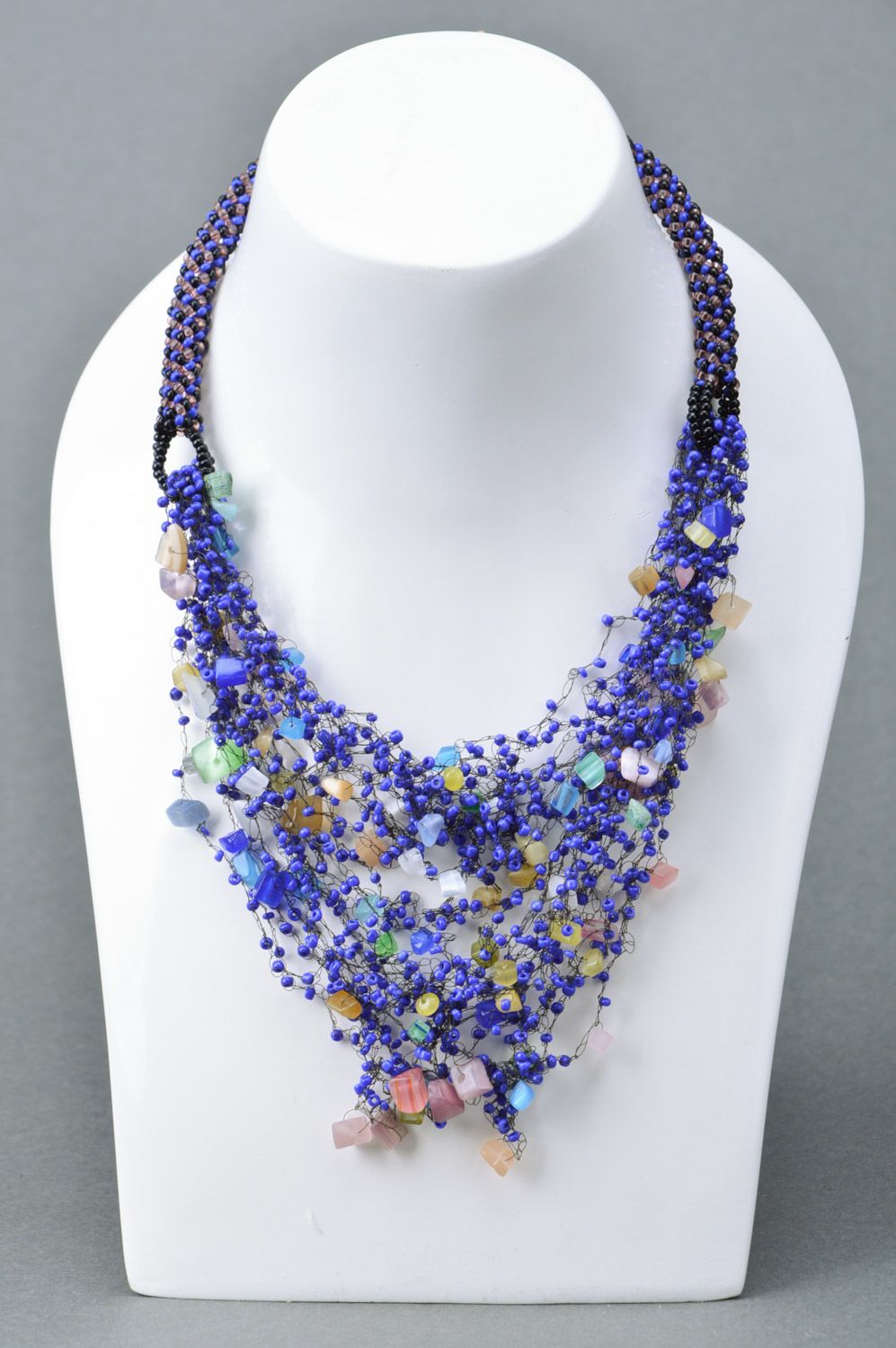 Beautiful festive airy handmade Czech bead necklace of blue color photo 1