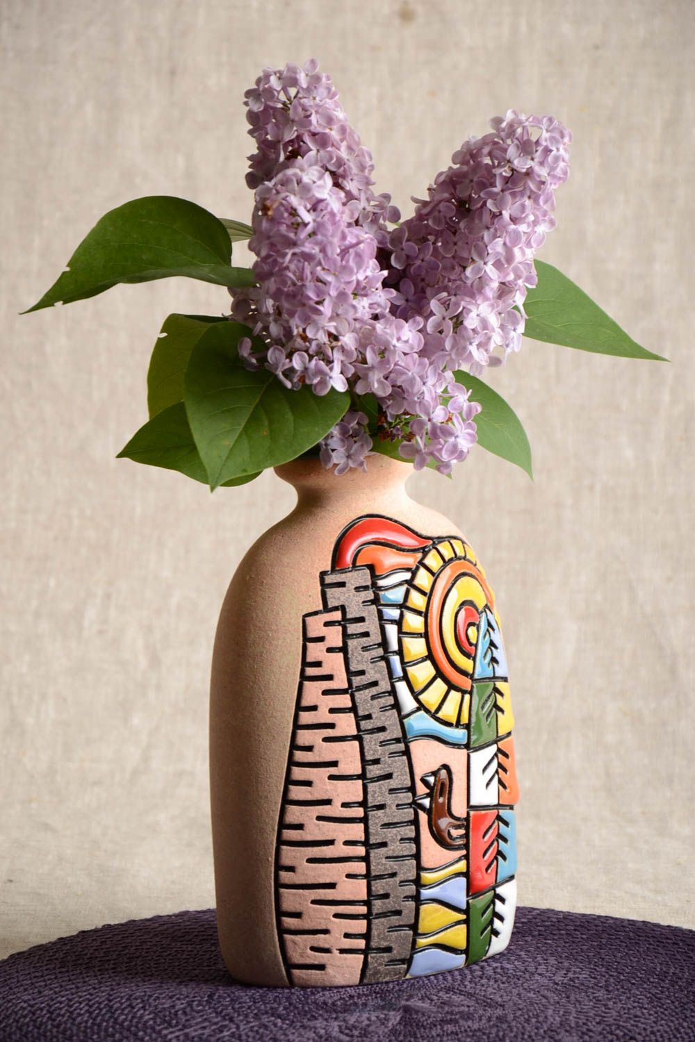 Vase en argile peint de pigments multicolores fait main décoratif original 1 l photo 1
